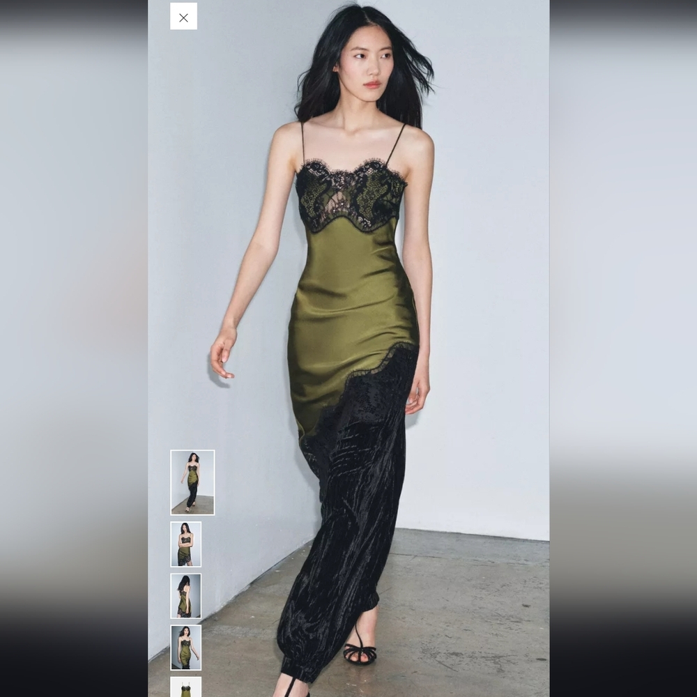 Zara Asymmetrical Green Dress with Black Lace - Picture 4 of 10